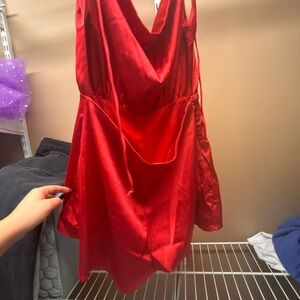 SHEIN Red V-Neck Babydoll Long Sleeve Dress